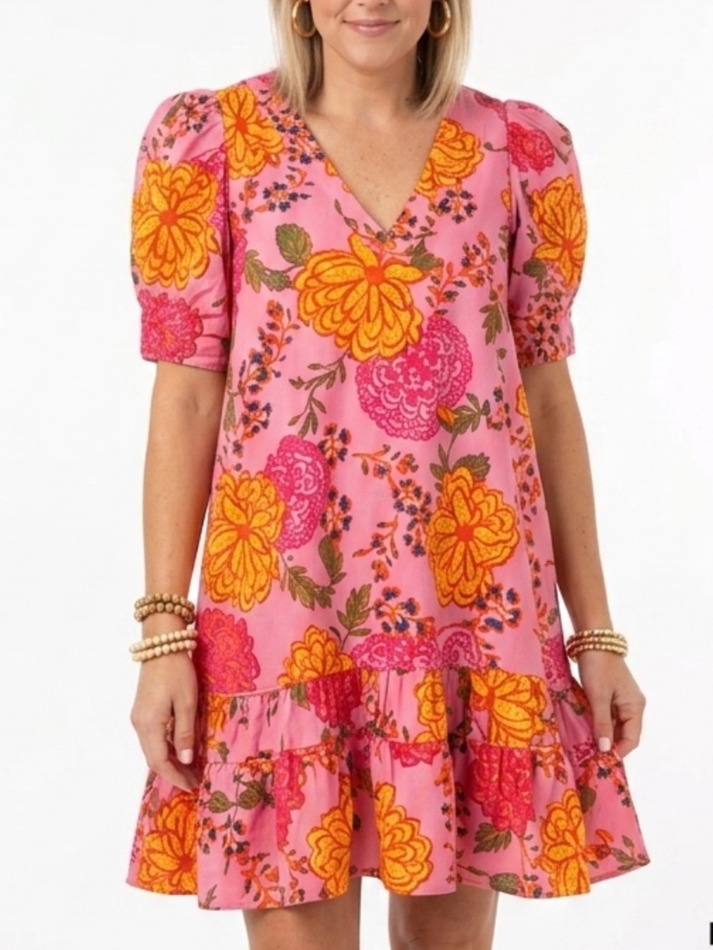 Karlie Women’s M Floral Bubble Sleeve V-Neck Ruffle-Hem Mini Dress with Pockets